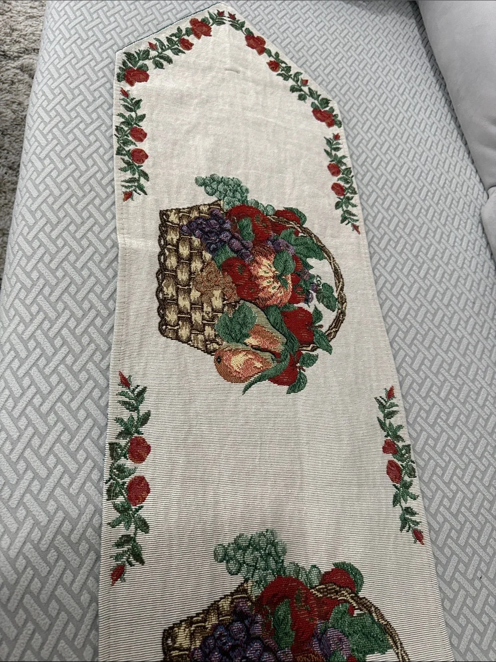 Vintage Tapestry Fruit Basket Embroidered Table Runner and 2 Placemats 70” Long